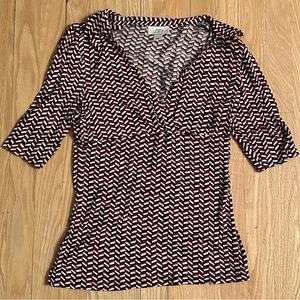 LOFT Women’s Pullover V Neck Knit Top, Elbow-length Sleeves, Black/Red, Size S